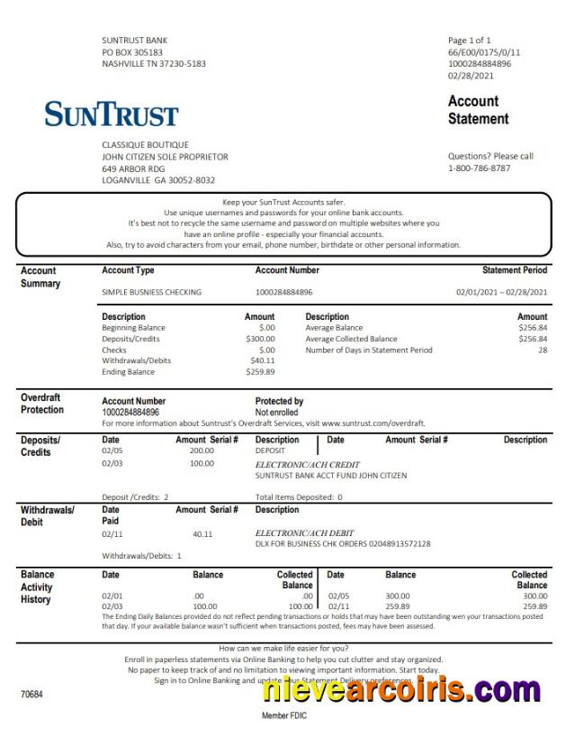 USA Georgia SunTrust bank statement in Word and PDF format (For Sole Proprietor)